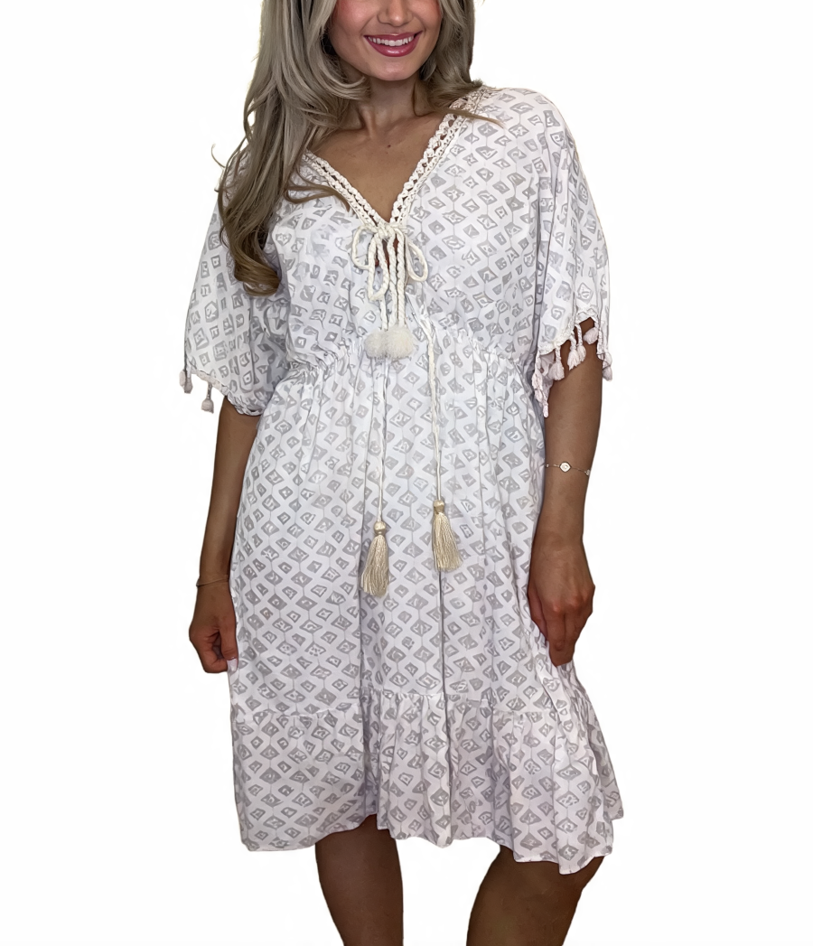 Geometric Print Tassel Tie Kaftan Dress - White