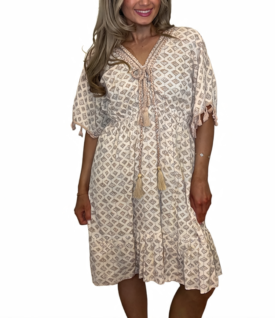 Geometric Print Tassel Tie Kaftan Dress - Beige