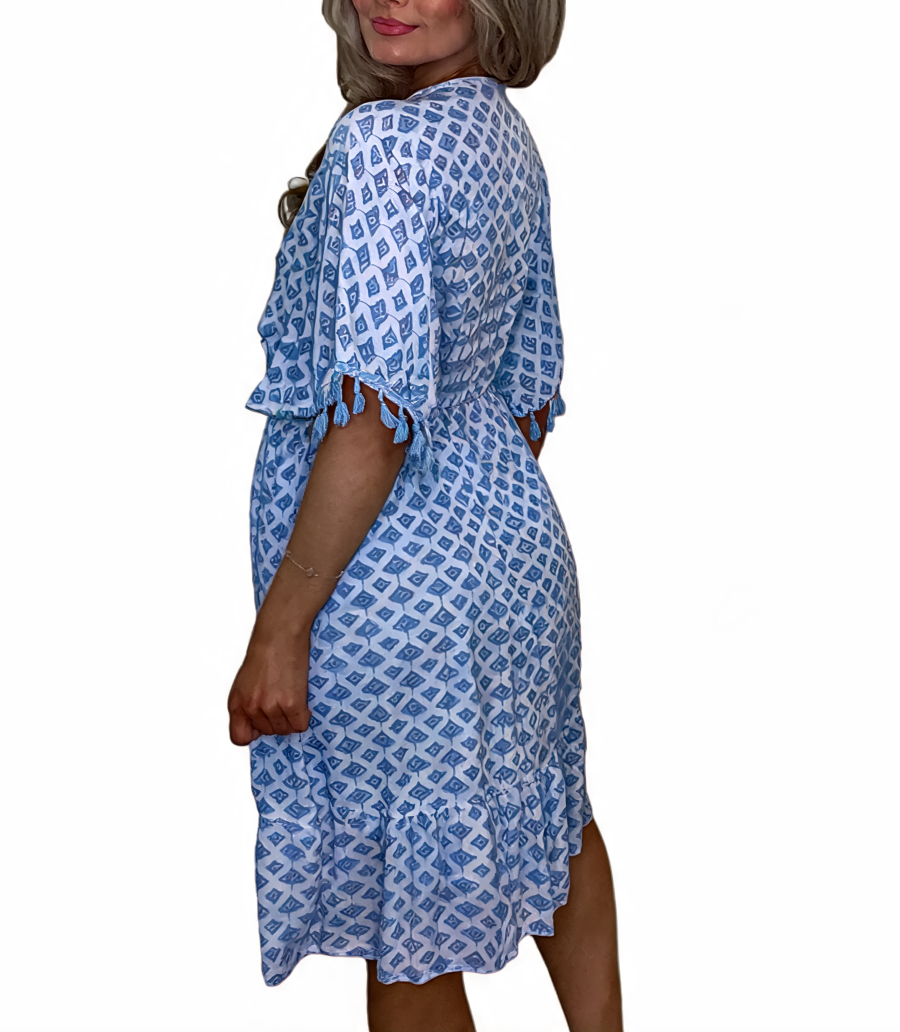 Geometric Print Tassel Tie Kaftan Dress - Denim
