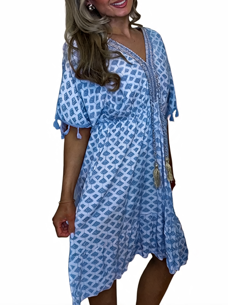 Geometric Print Tassel Tie Kaftan Dress - Denim
