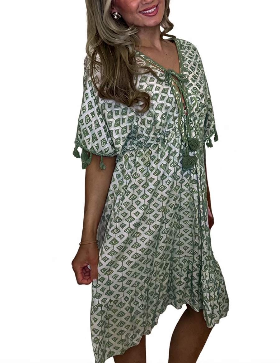Geometric Print Tassel Tie Kaftan Dress - Khaki