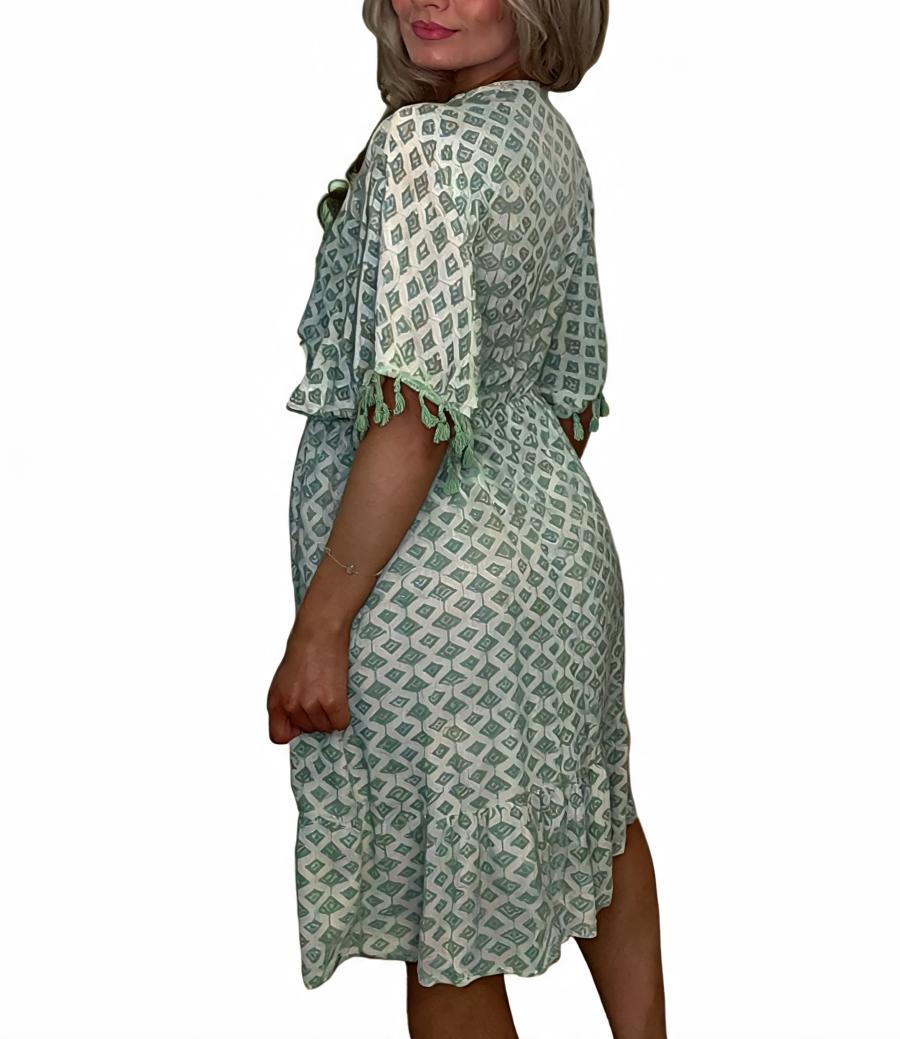 Geometric Print Tassel Tie Kaftan Dress - Khaki