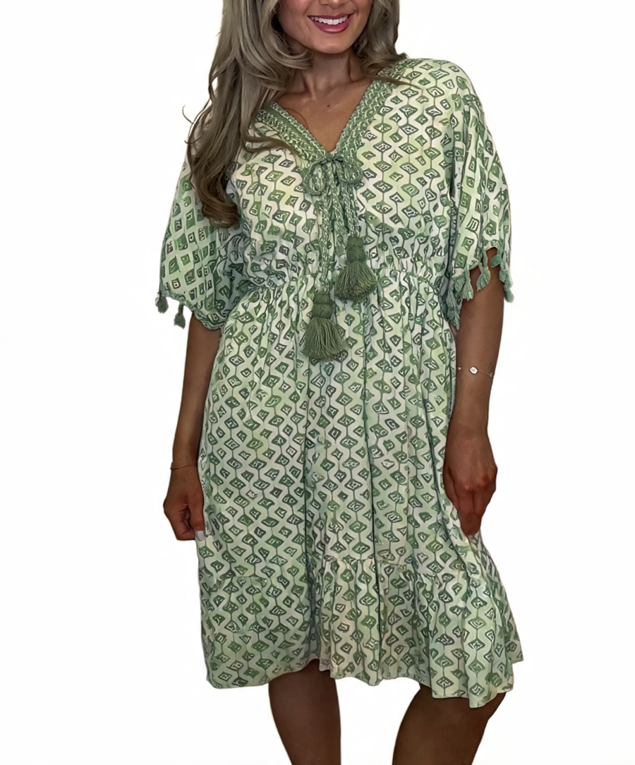 Geometric Print Tassel Tie Kaftan Dress - Khaki