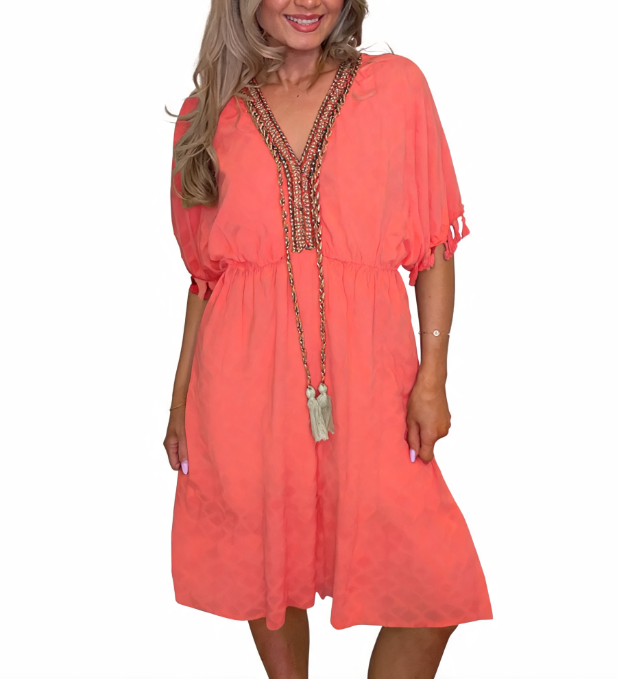 Boho Tassel-Trim V-Neck Midi Dress - Coral