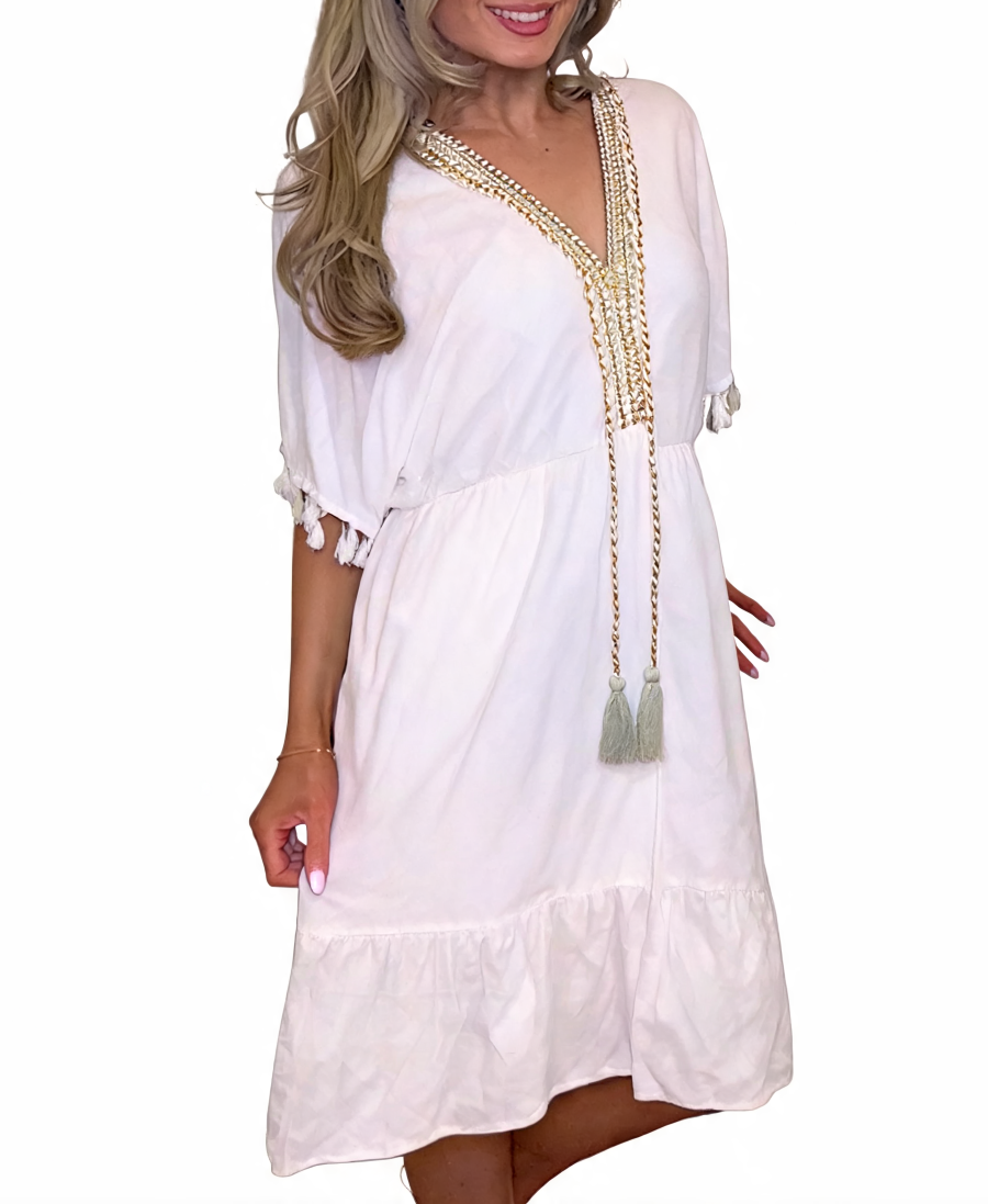 Boho Tassel-Trim V-Neck Midi Dress - White