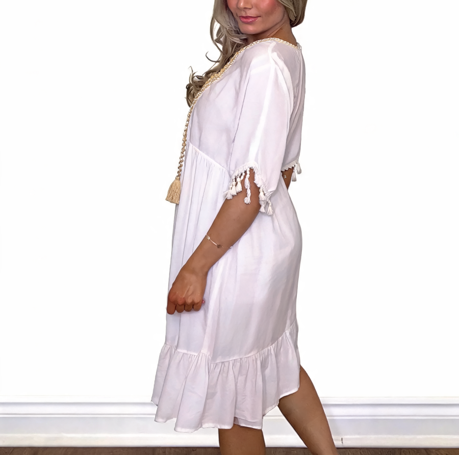 Boho Tassel-Trim V-Neck Midi Dress - White