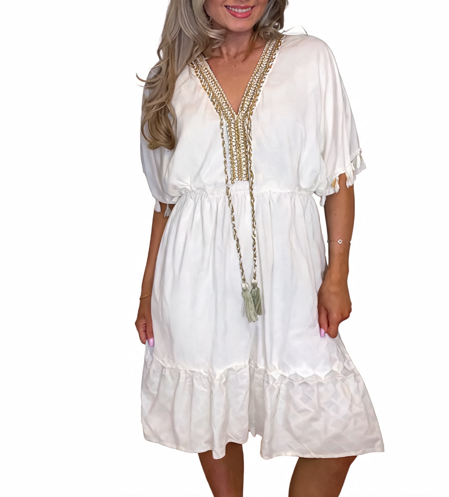 Boho Tassel-Trim V-Neck Midi Dress - White