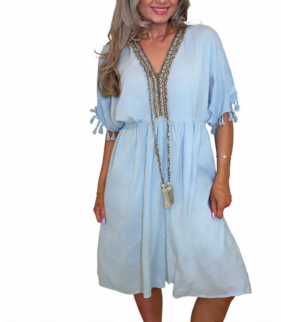Boho Tassel-Trim V-Neck Midi Dress - Sky Blue