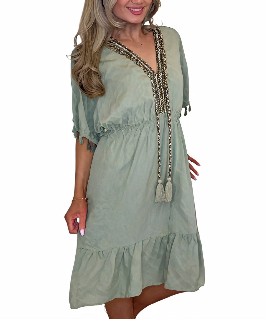 Boho Tassel-Trim V-Neck Midi Dress -Khaki