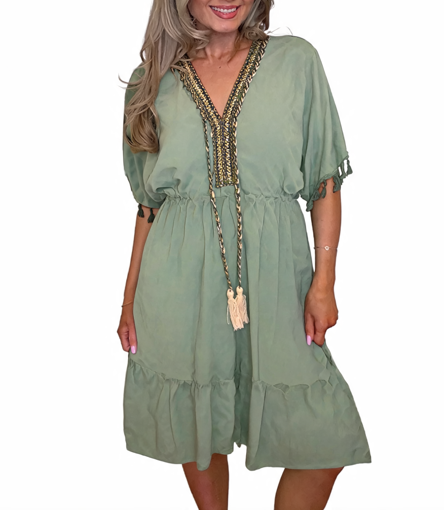 Boho Tassel-Trim V-Neck Midi Dress -Khaki