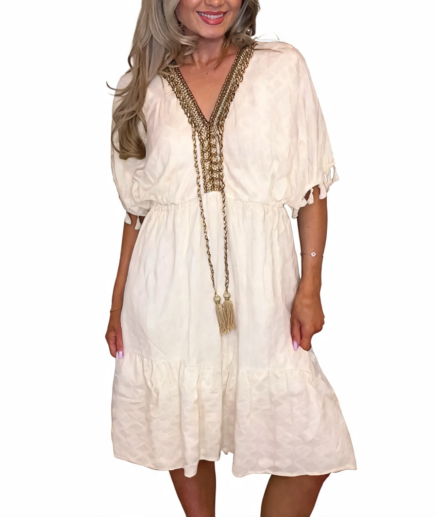 Boho Tassel-Trim V-Neck Midi Dress -Beige