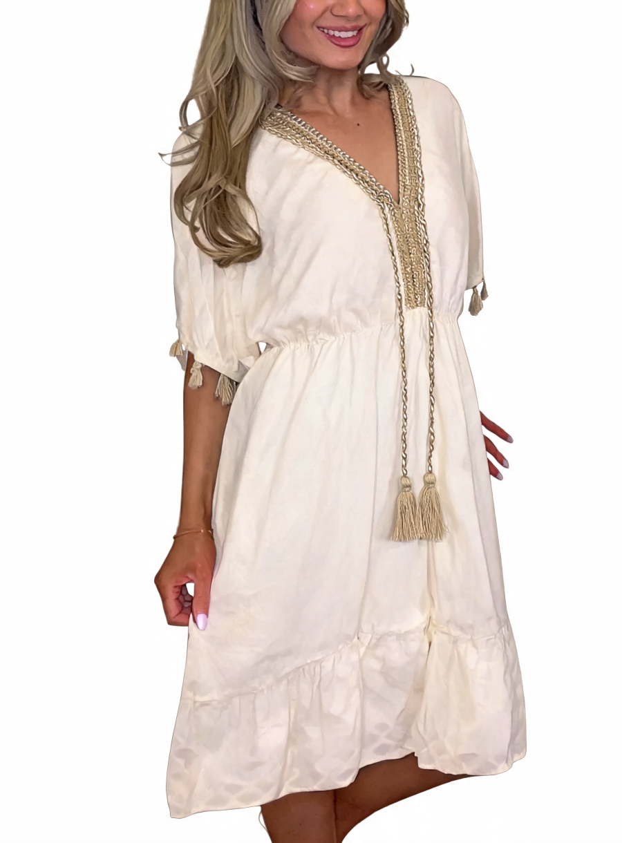 Boho Tassel-Trim V-Neck Midi Dress -Beige