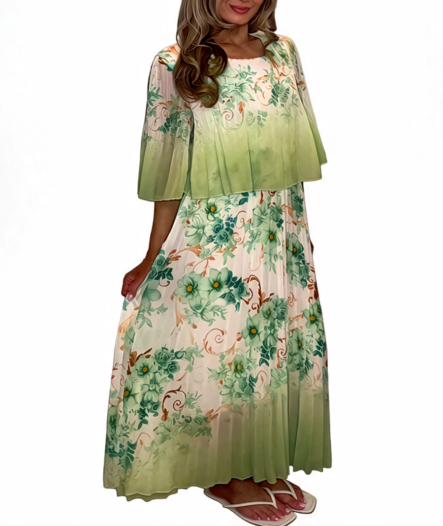Floral Print Pleated Tiered Maxi Dress - Khaki