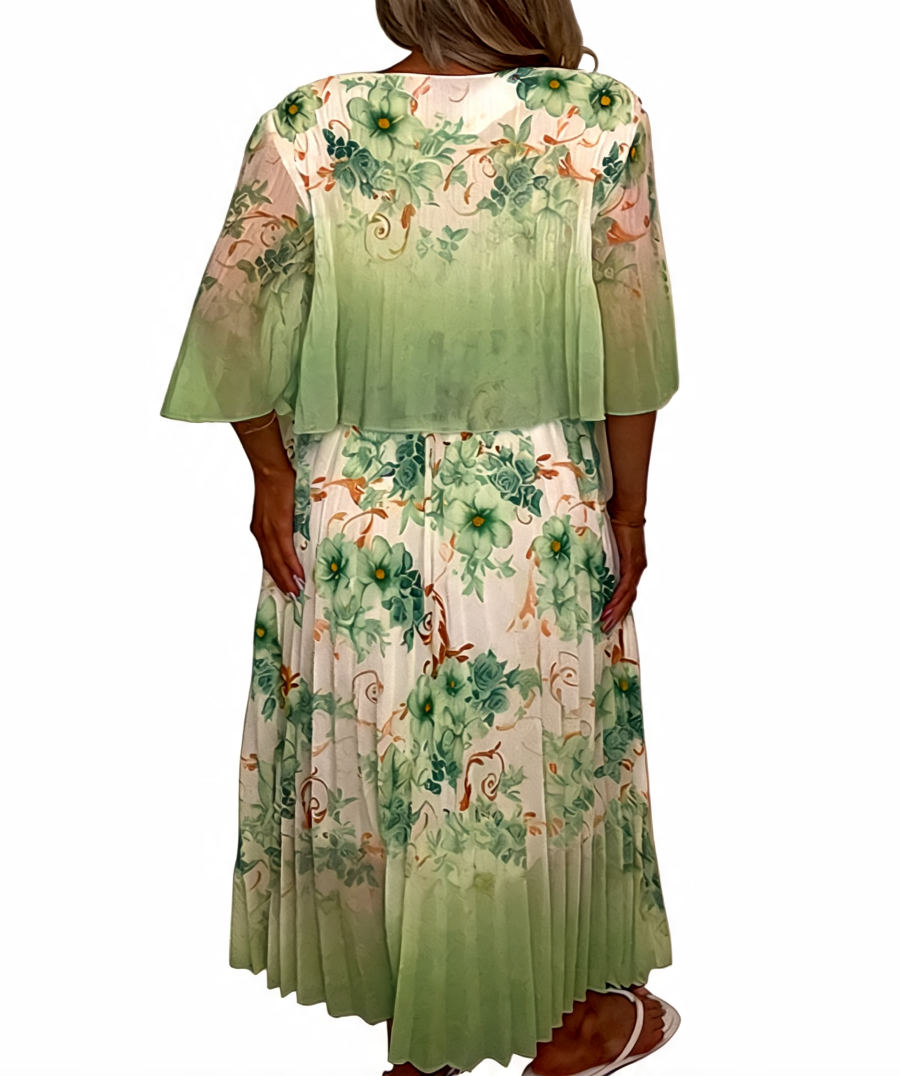 Floral Print Pleated Tiered Maxi Dress - Khaki