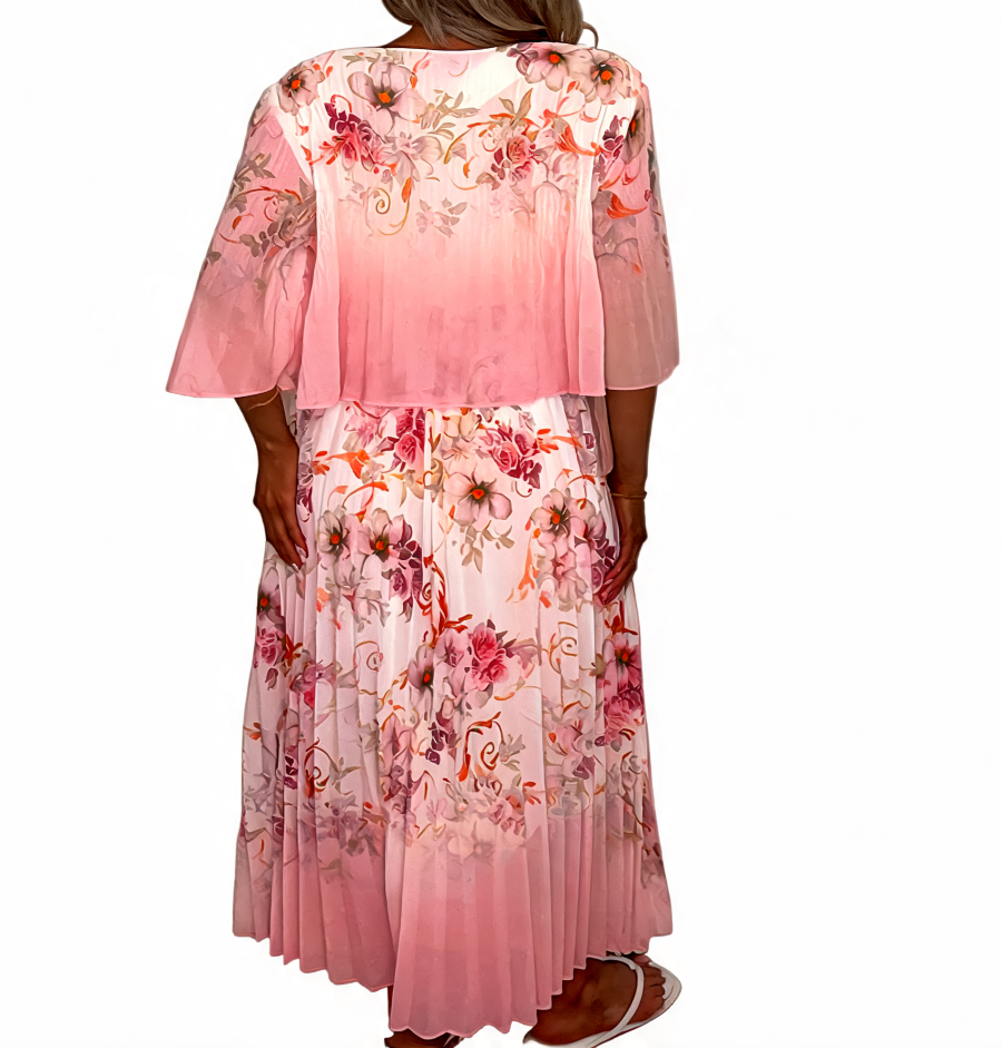 Floral Print Pleated Tiered Maxi Dress - Pink