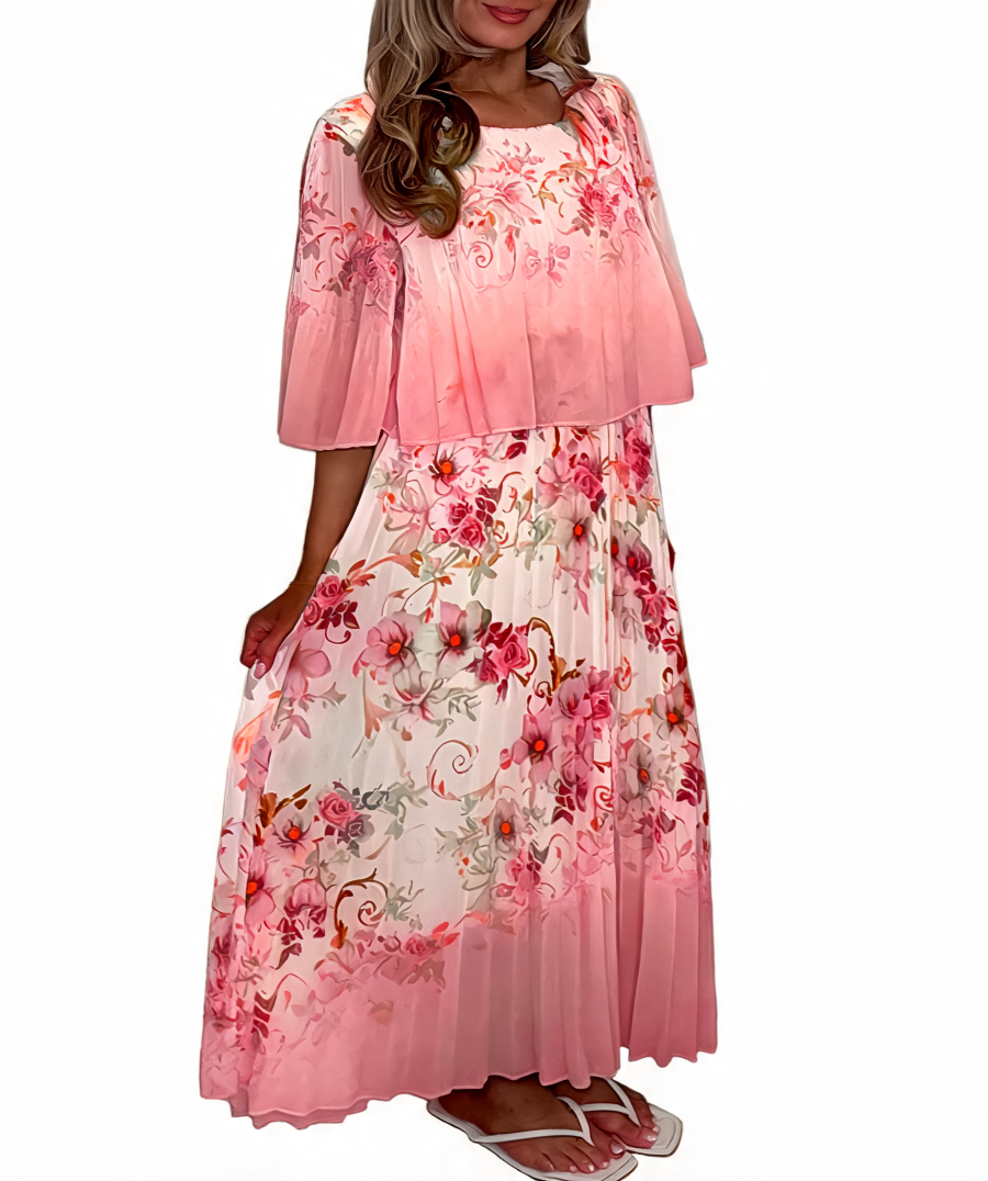Floral Print Pleated Tiered Maxi Dress - Pink
