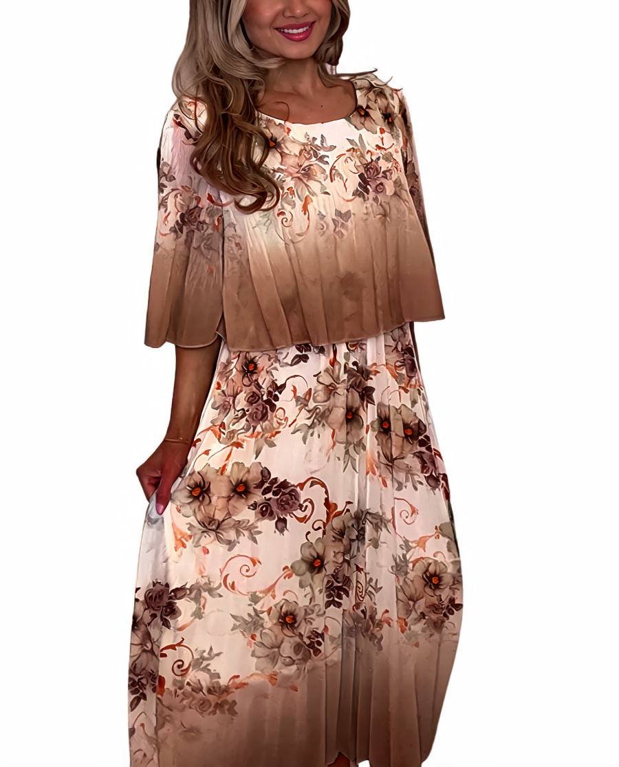 Floral Print Pleated Tiered Maxi Dress - Brown