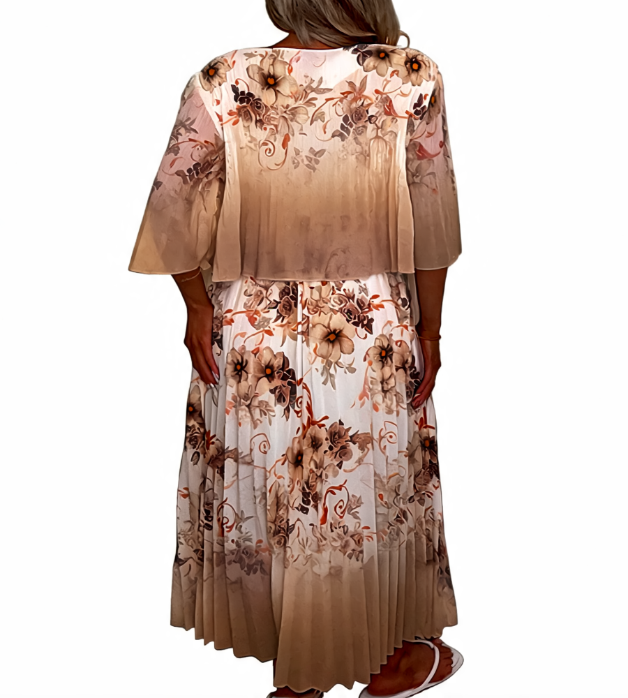 Floral Print Pleated Tiered Maxi Dress - Brown