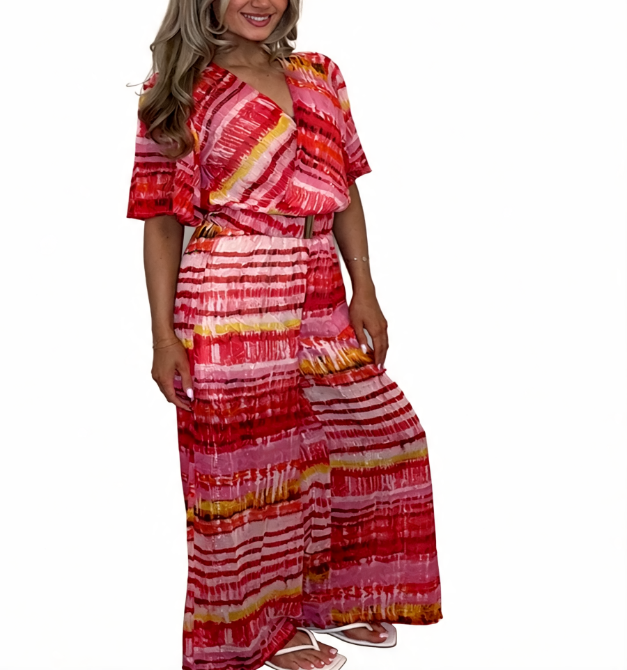 Tie-Dye Stripe Wrap Front Wide Leg Jumpsuit - Red-Pink