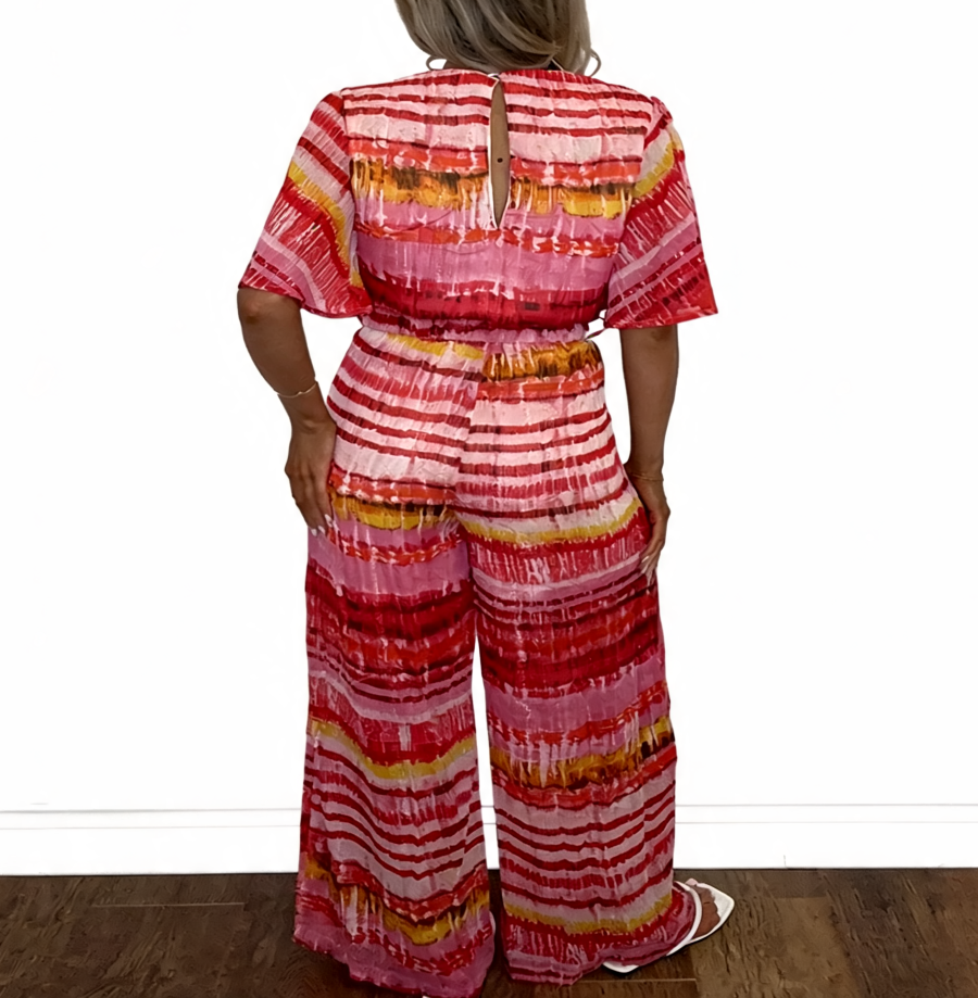 Tie-Dye Stripe Wrap Front Wide Leg Jumpsuit - Red-Pink