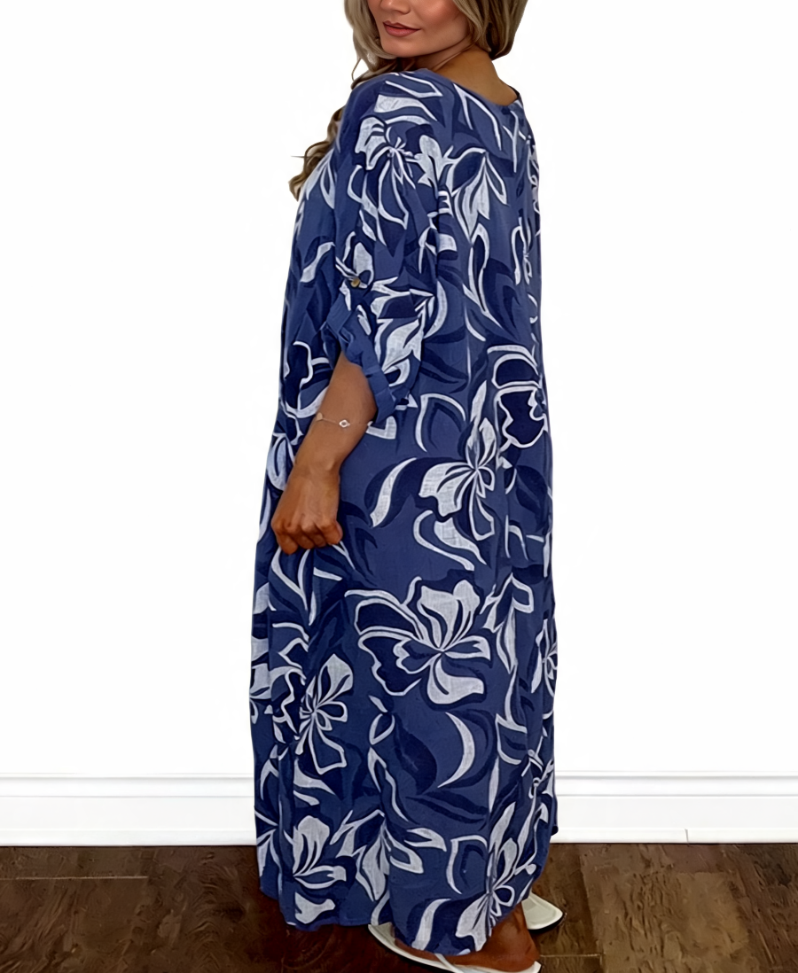 T-shirt met korte mouwen van bloemenkant en botanische print - Marineblauw