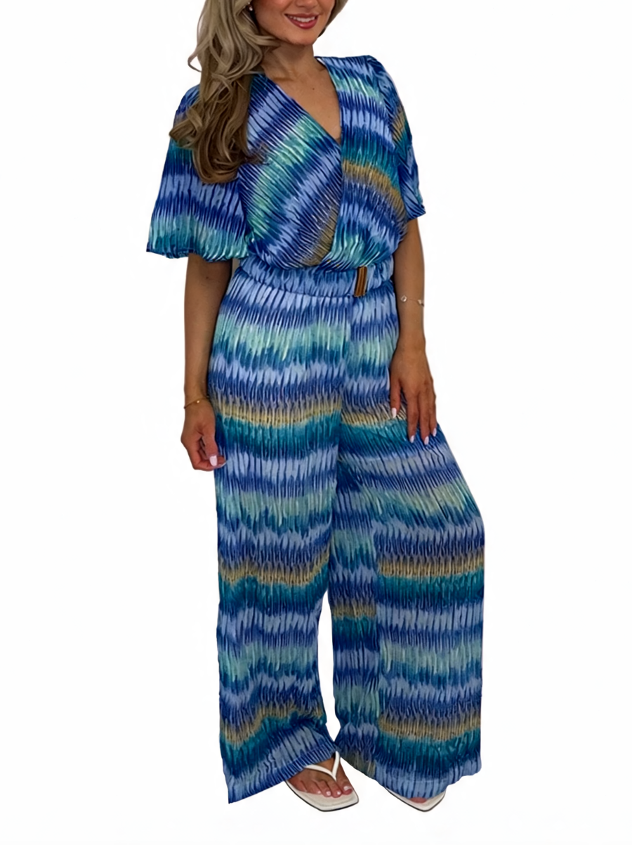 Tie-Dye Stripe Wrap Front Wide Leg Jumpsuit - Royal - Sky Blue