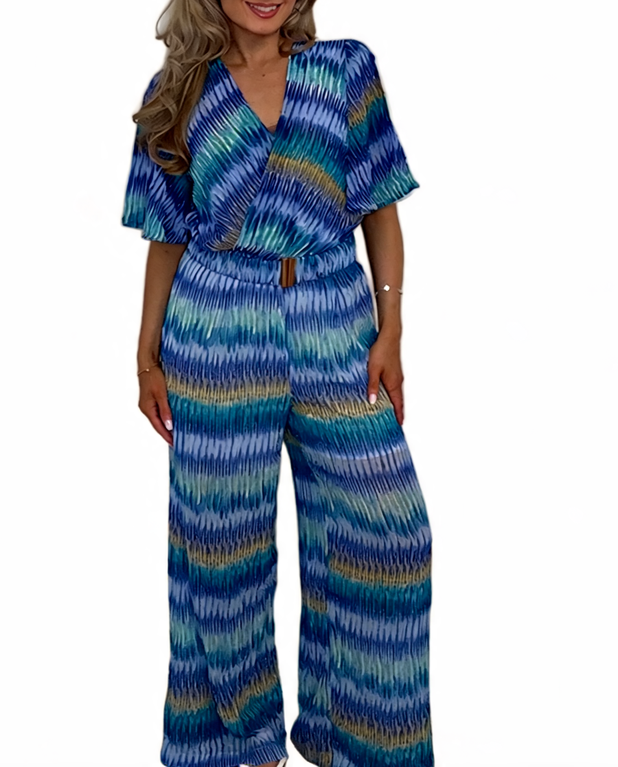 Tie-Dye Stripe Wrap Front Wide Leg Jumpsuit - Royal - Sky Blue