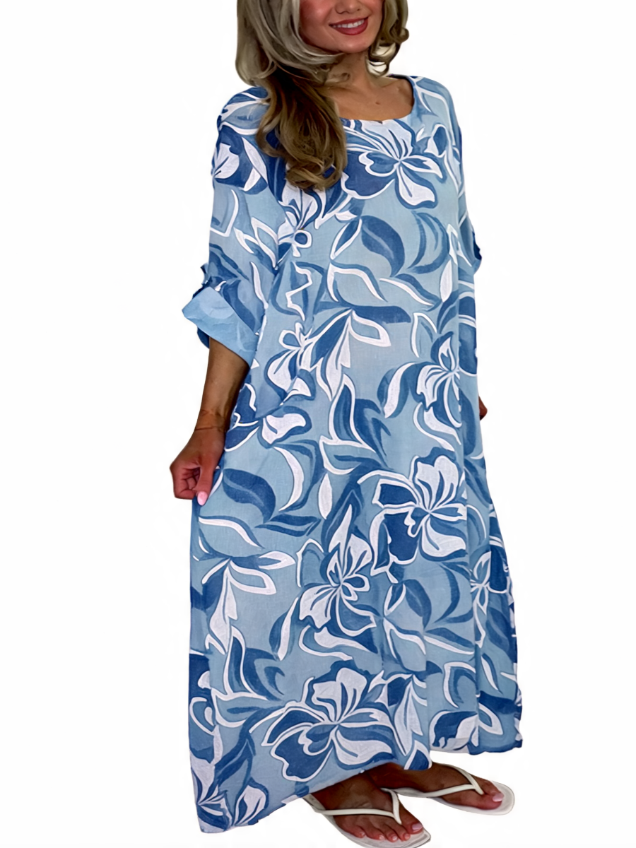 Tropical Floral Print Oversized Maxi Dress - Sky Blue