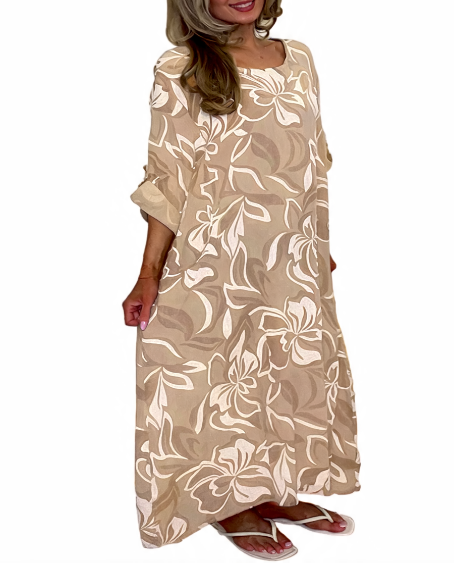 Tropical Floral Print Oversized Maxi Dress - Beige
