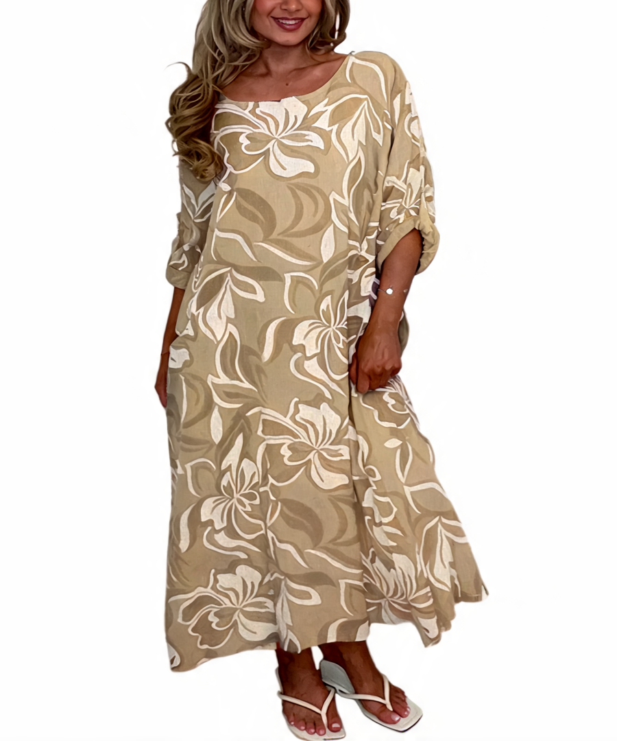 Tropical Floral Print Oversized Maxi Dress - Beige