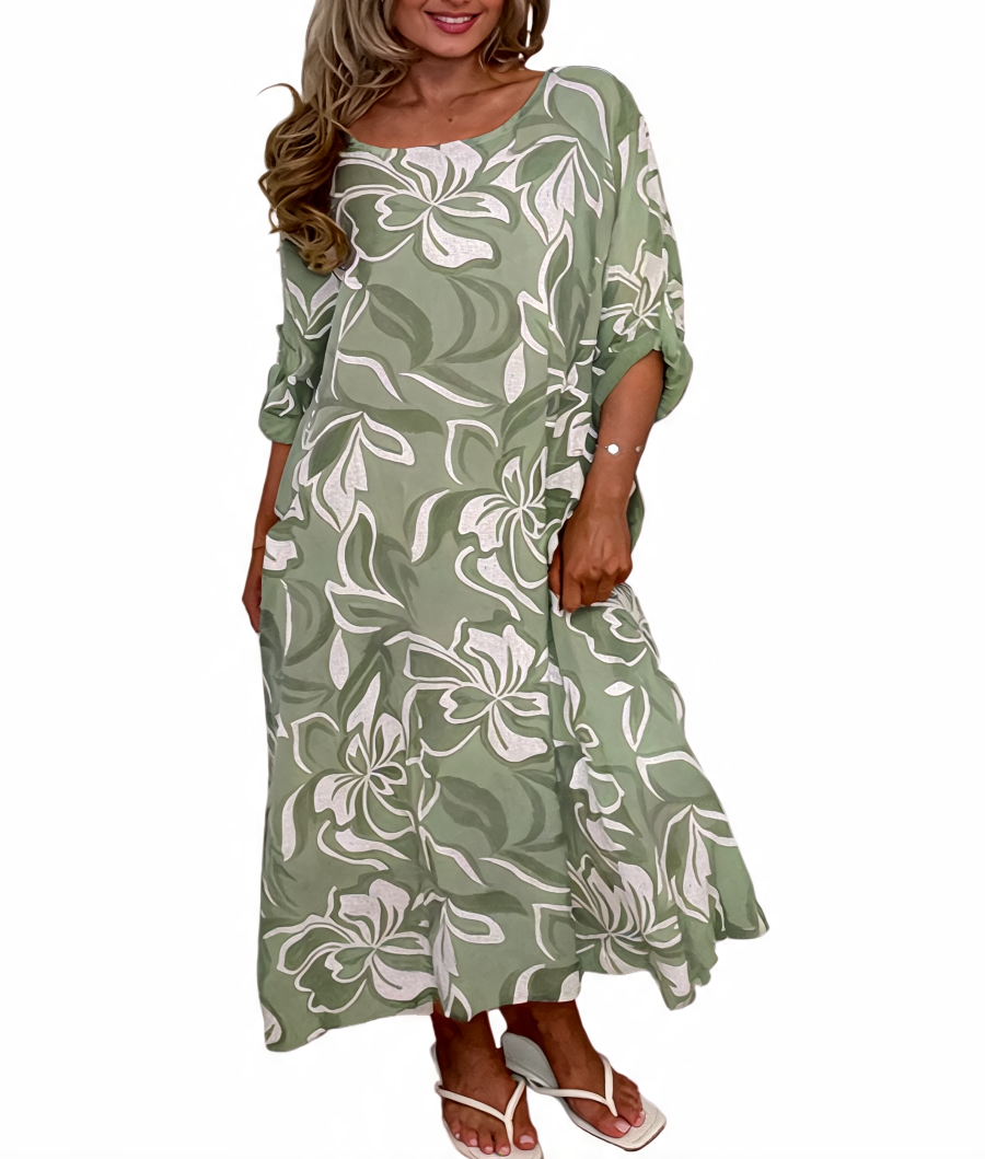 Tropical Floral Print Oversized Maxi Dress - Khaki