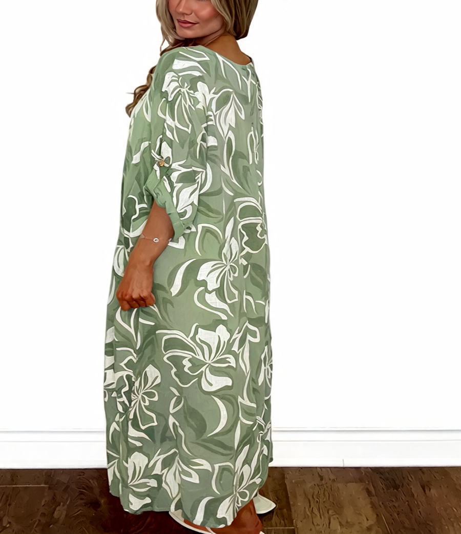 Tropical Floral Print Oversized Maxi Dress - Khaki