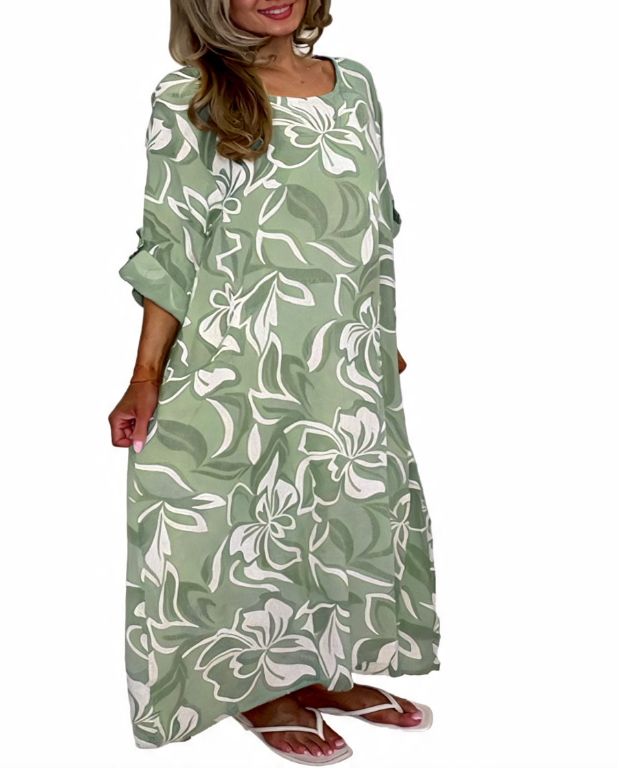 Tropical Floral Print Oversized Maxi Dress - Khaki