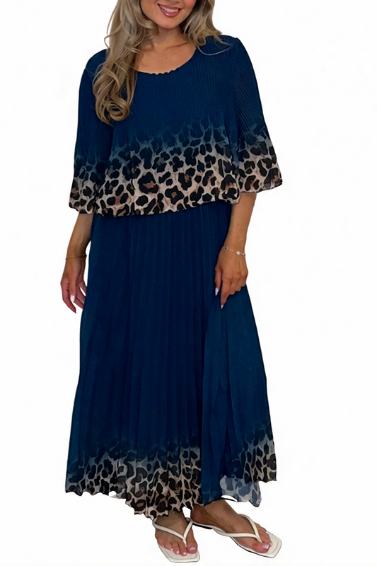Leopard Print Border Pleated Maxi Dress - Navy