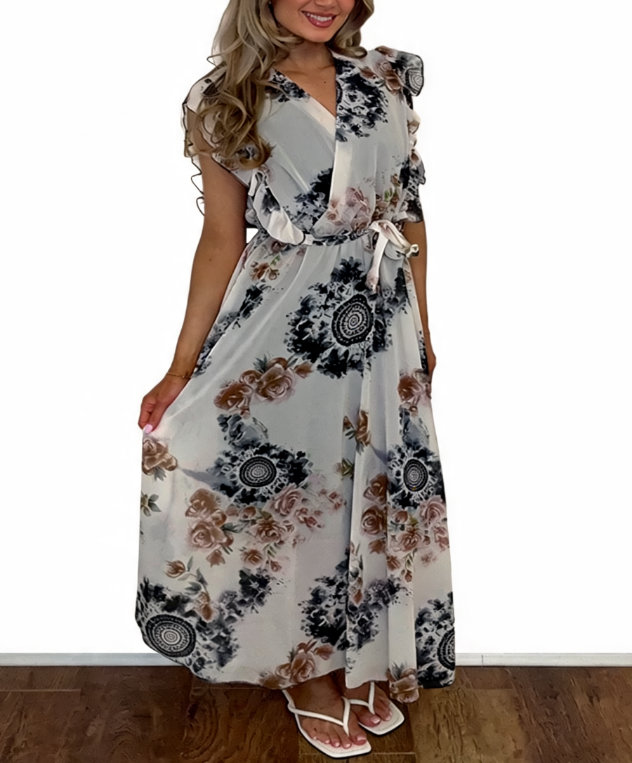 Floral Print Wrap Front Ruffle Sleeve Maxi Dress - Black