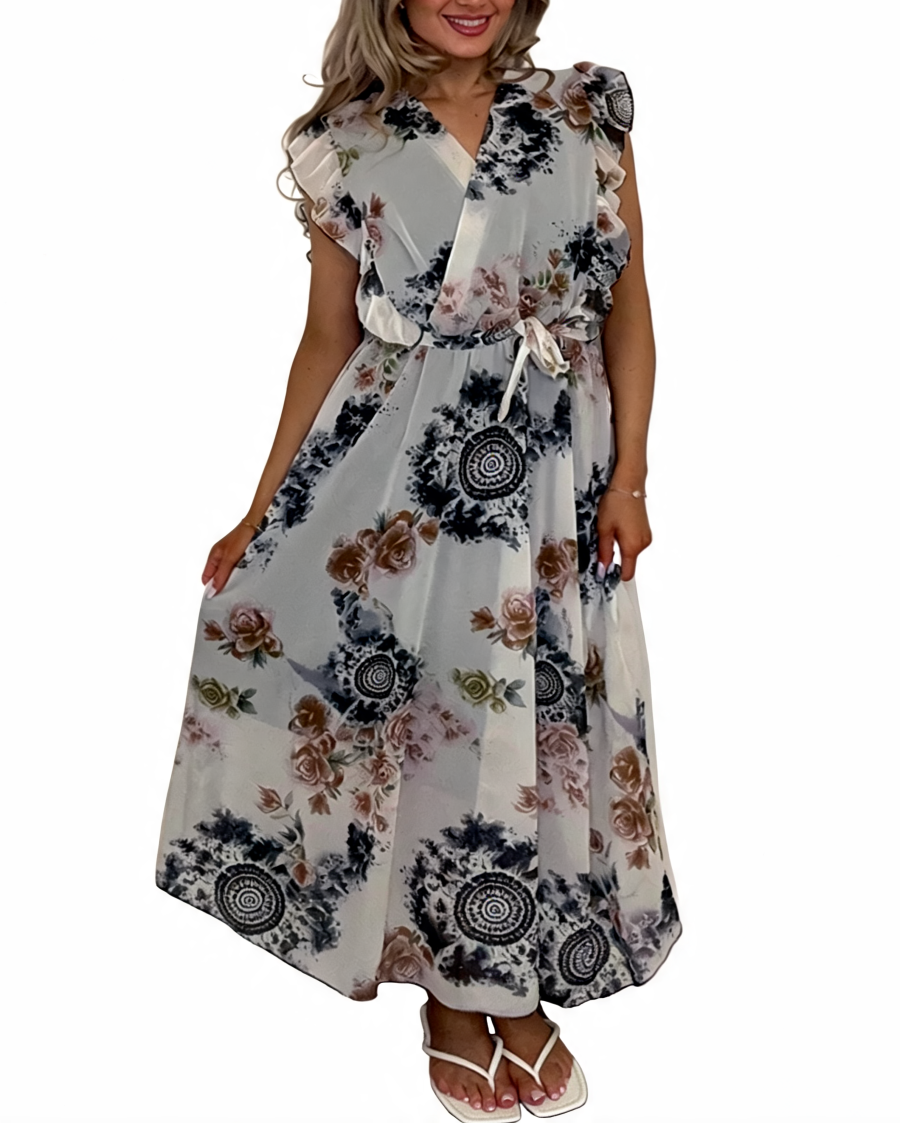 Floral Print Wrap Front Ruffle Sleeve Maxi Dress - Black