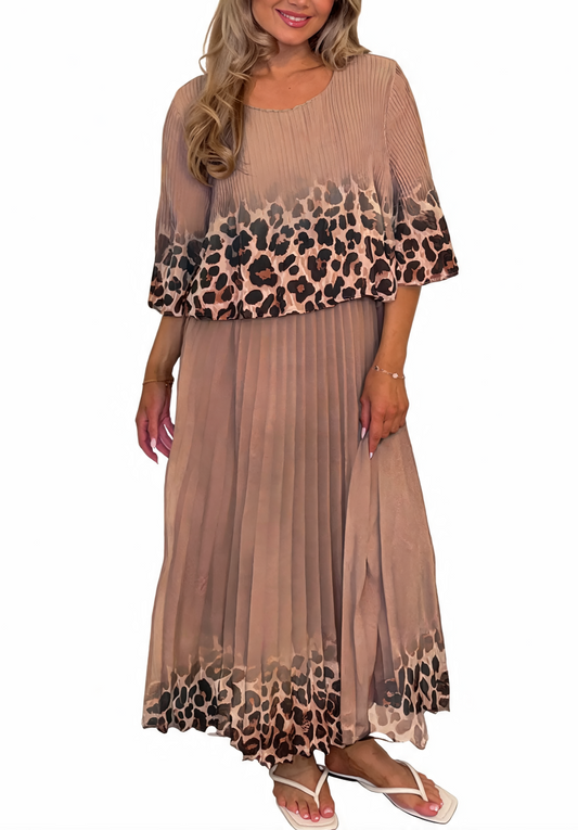 Leopard Print Border Pleated Maxi Dress - Mocha