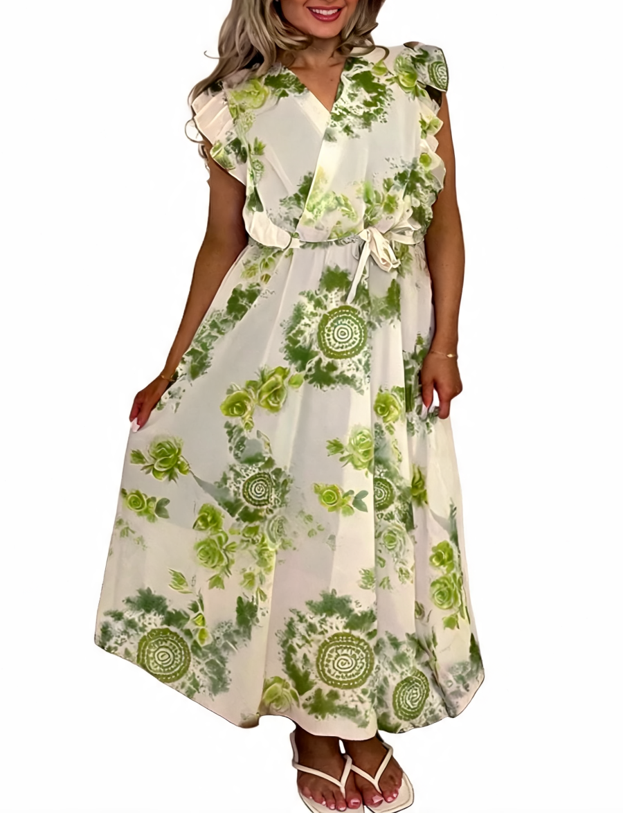 Floral Print Wrap Front Ruffle Sleeve Maxi Dress - Khaki