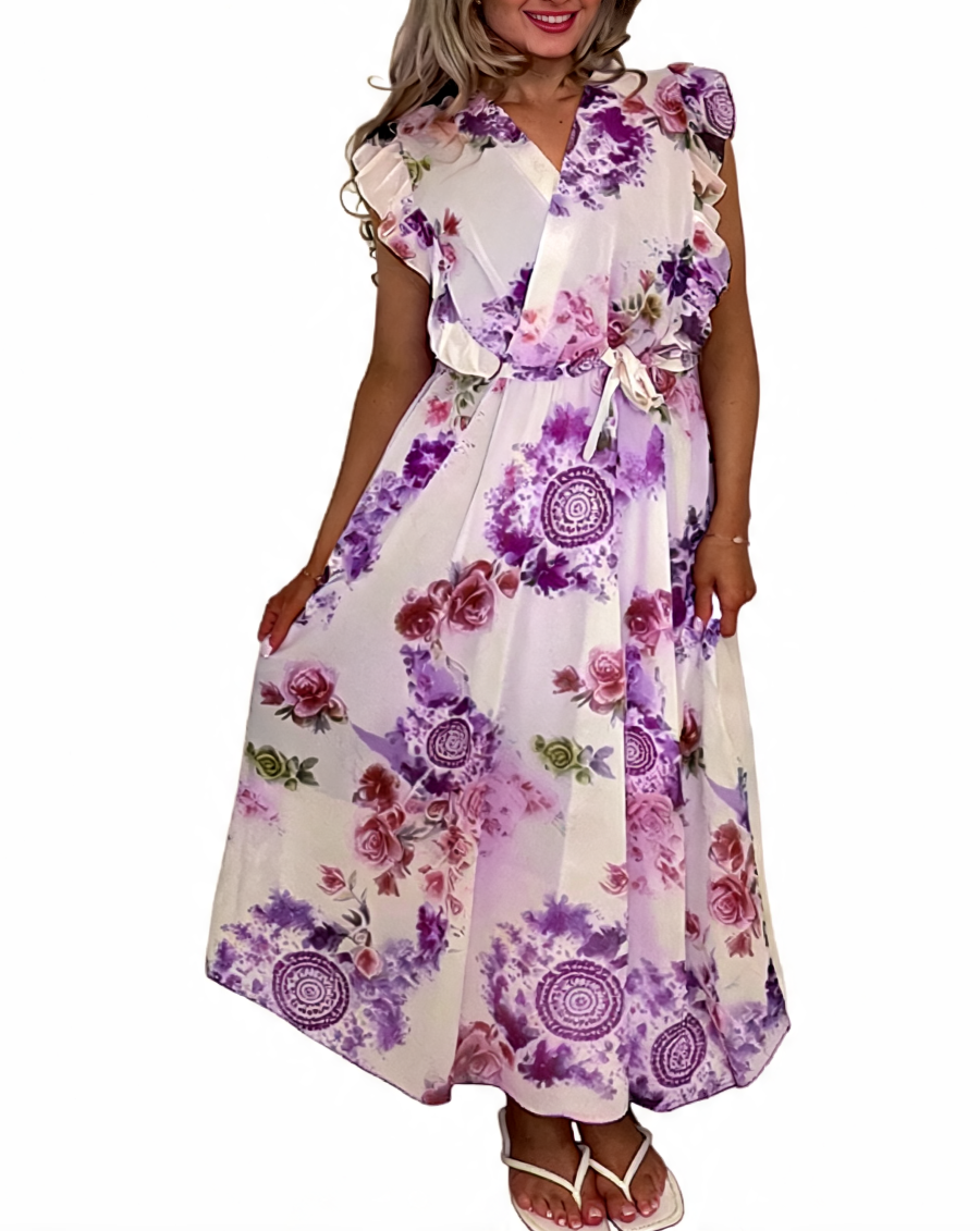 Floral Print Wrap Front Ruffle Sleeve Maxi Dress - Lilac