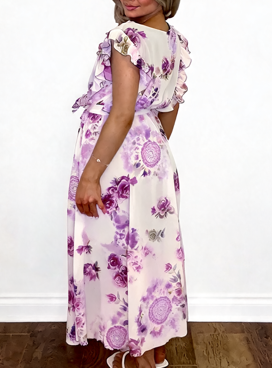 Floral Print Wrap Front Ruffle Sleeve Maxi Dress - Lilac