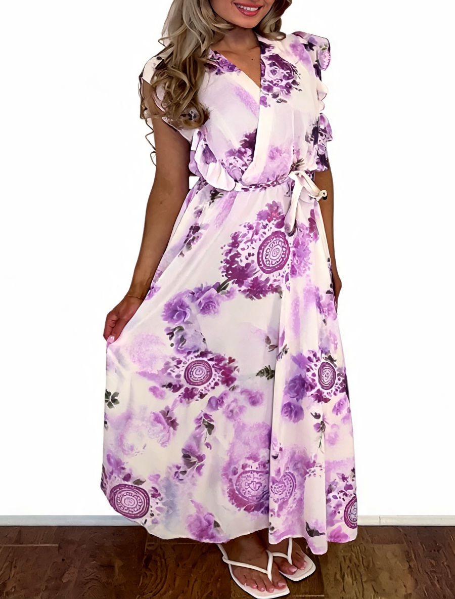 Floral Print Wrap Front Ruffle Sleeve Maxi Dress - Lilac