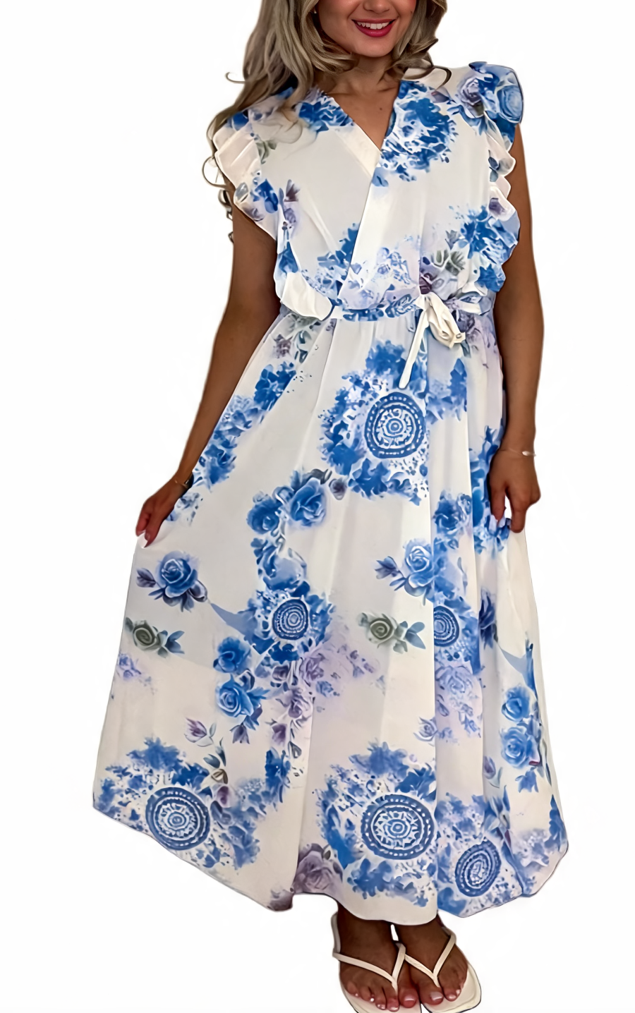 Floral Print Wrap Front Ruffle Sleeve Maxi Dress - Sky Blue