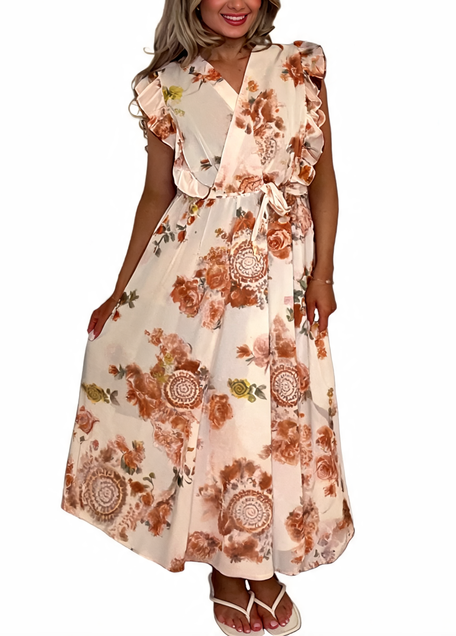 Floral Print Wrap Front Ruffle Sleeve Maxi Dress - Brown