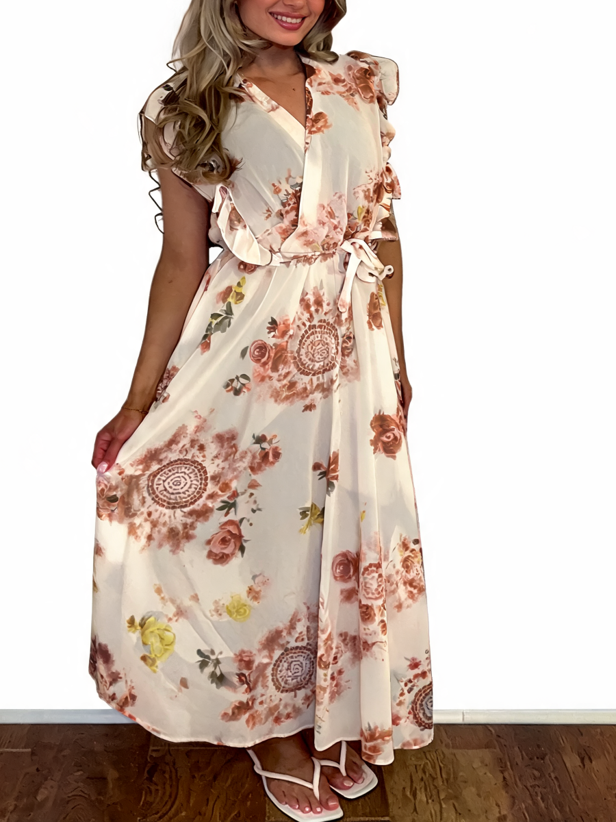 Floral Print Wrap Front Ruffle Sleeve Maxi Dress - Brown