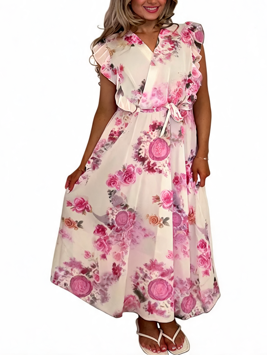 Floral Print Wrap Front Ruffle Sleeve Maxi Dress - Pink