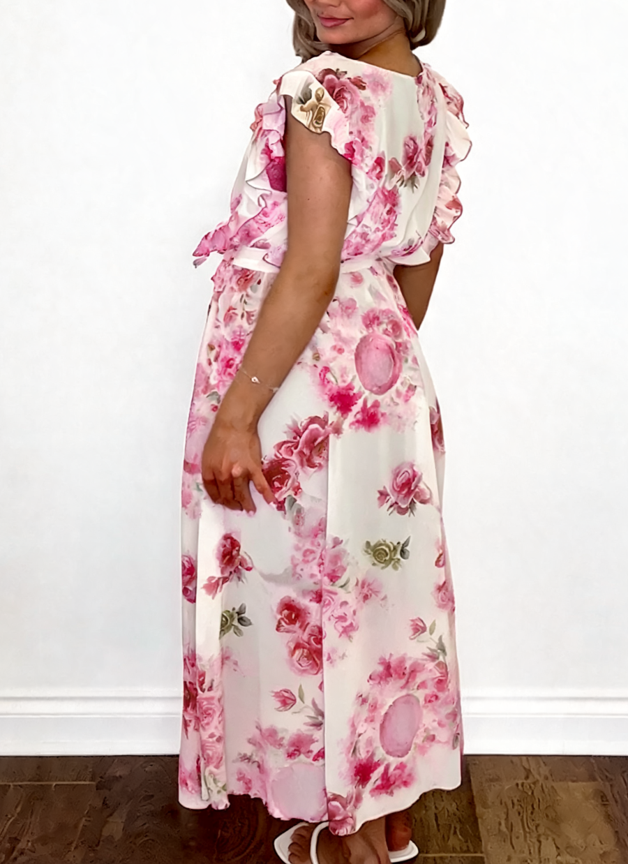 Floral Print Wrap Front Ruffle Sleeve Maxi Dress - Pink