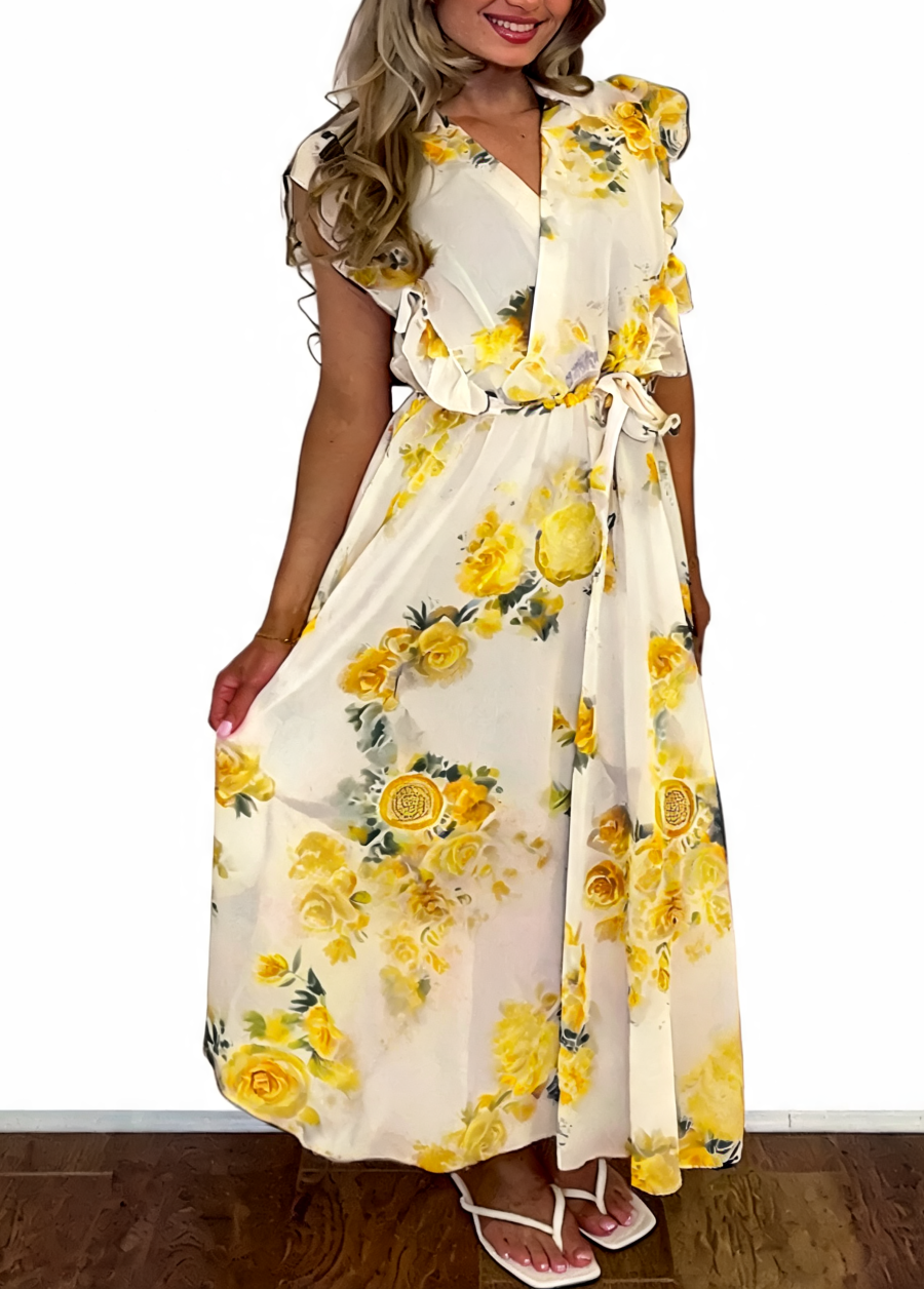 Floral Print Wrap Front Ruffle Sleeve Maxi Dress - Lemon