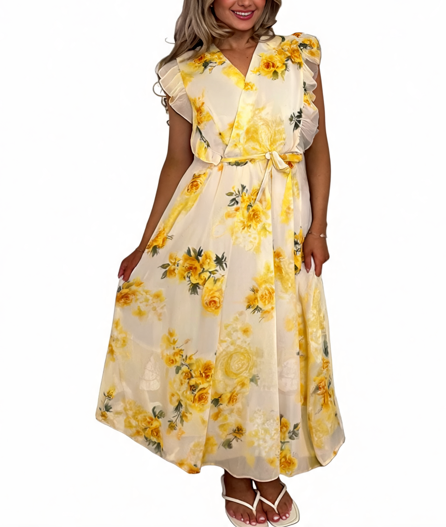 Floral Print Wrap Front Ruffle Sleeve Maxi Dress - Lemon