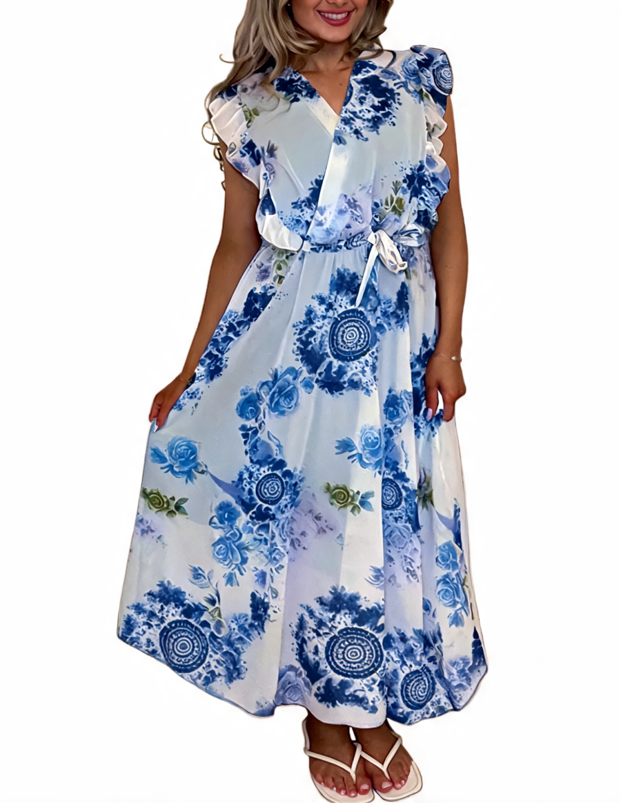 Floral Print Wrap Front Ruffle Sleeve Maxi Dress - Navy
