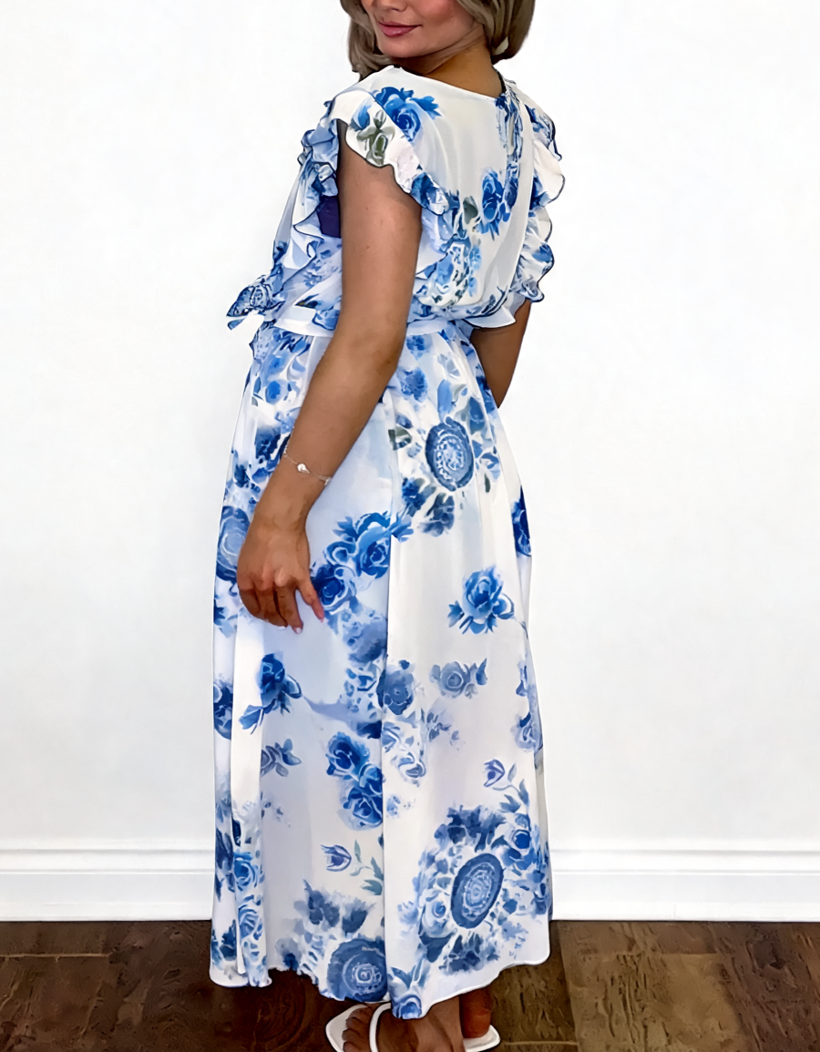 Floral Print Wrap Front Ruffle Sleeve Maxi Dress - Navy